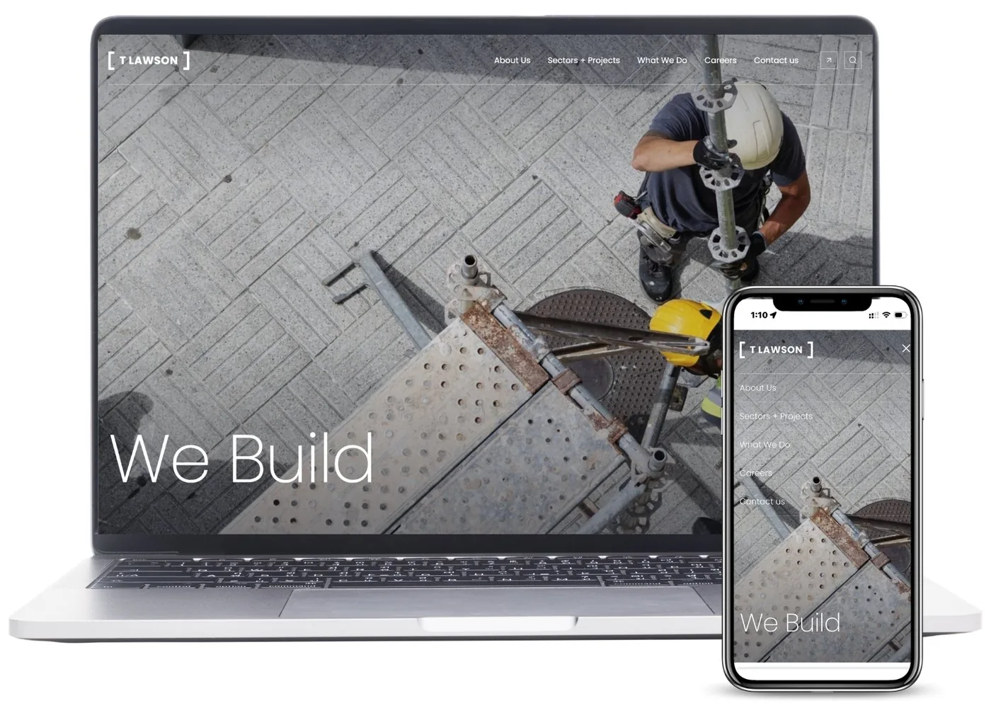 A construction company website shown on a laptop and phone, its home page headed We Build over an aerial photograph of a scaffolder at work.