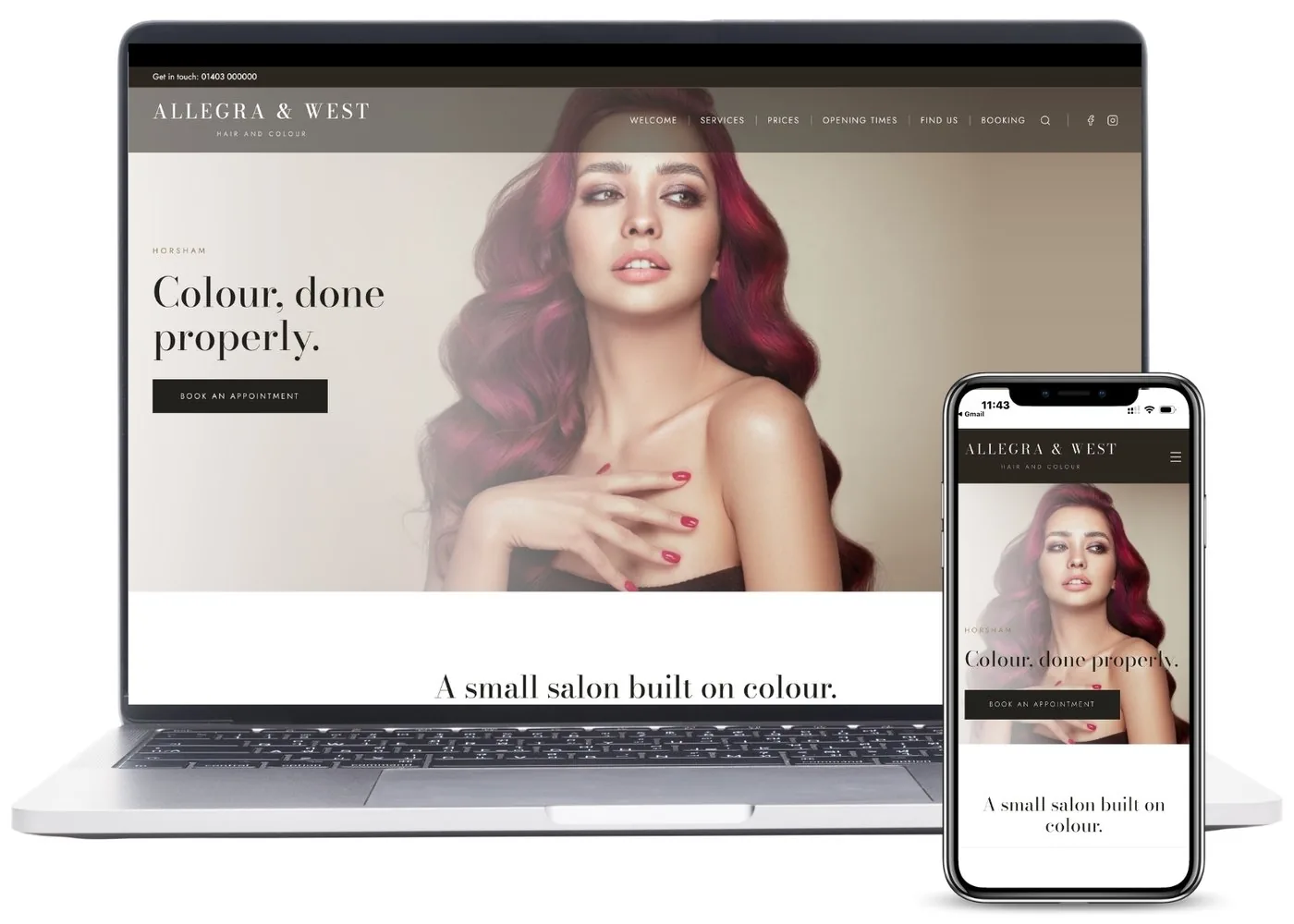 A hair salon website shown on a laptop and phone, headed Colour, done properly, with a button to book an appointment.