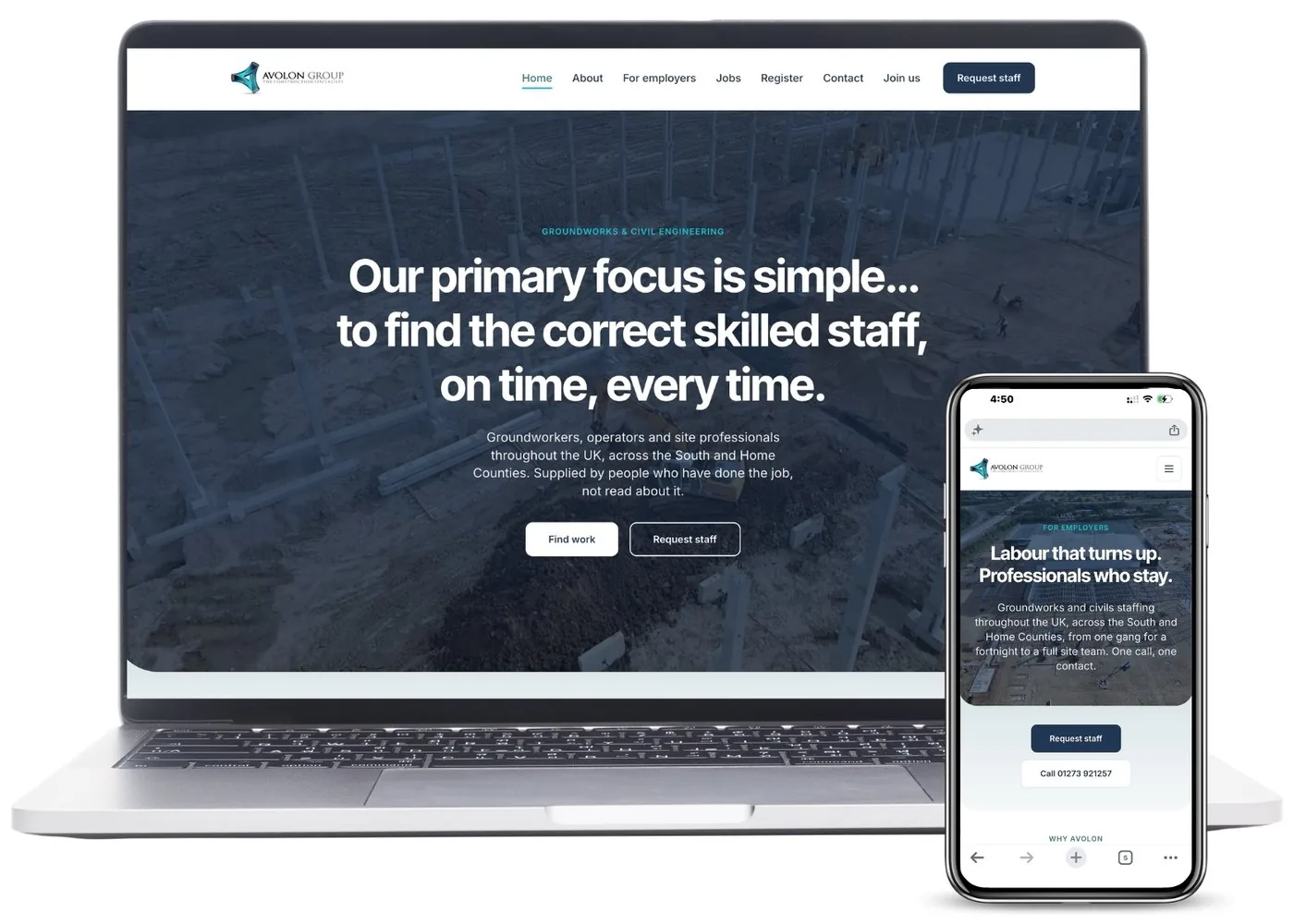 A construction recruitment website shown on a laptop and phone, offering Find work and Request staff over a photograph of a groundworks site.