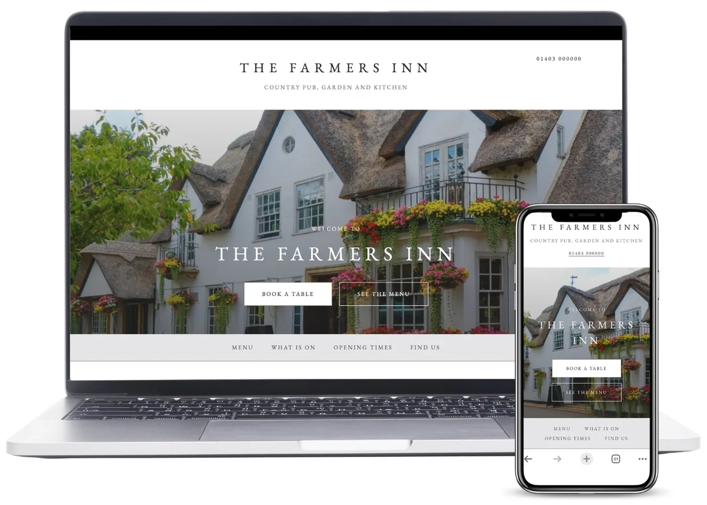A country pub website shown on a laptop and phone, offering Book a table and See the menu over a photograph of a thatched inn in flower.