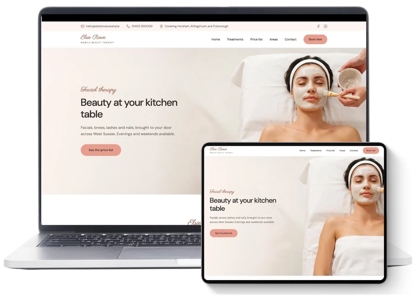 A mobile beauty therapist's website shown on a laptop and tablet, headed Beauty at your kitchen table beside a photograph of a facial treatment.