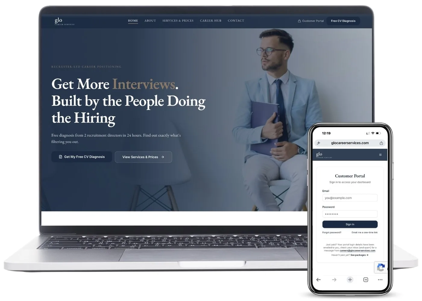 A career services website shown on a laptop and phone, headed Get More Interviews, with a customer portal sign-in open on the phone.