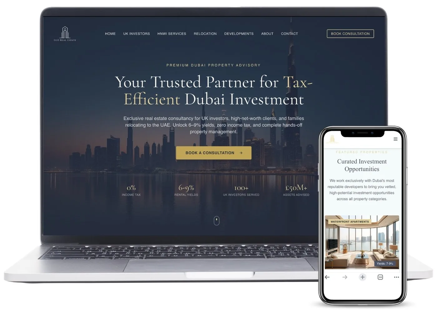 A property investment website shown on a laptop and phone, headed Your Trusted Partner for Tax-Efficient Dubai Investment over the Dubai skyline at dusk.