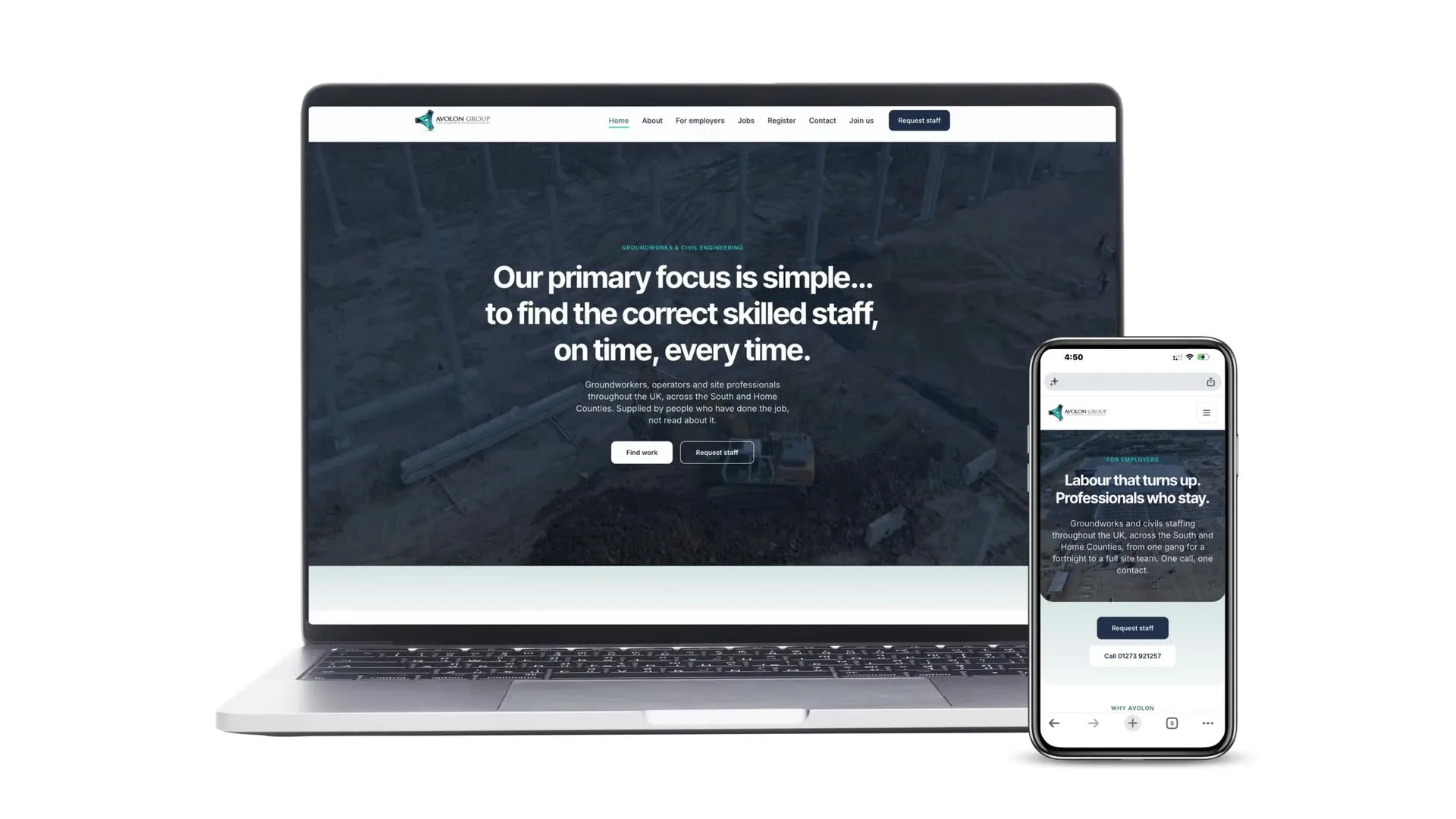 The Avolon Group website on a laptop and a phone: the home page headed Groundworks and civil engineering over an aerial photograph of a groundworks site, with Find work and Request staff buttons, and the phone showing the For employers page.