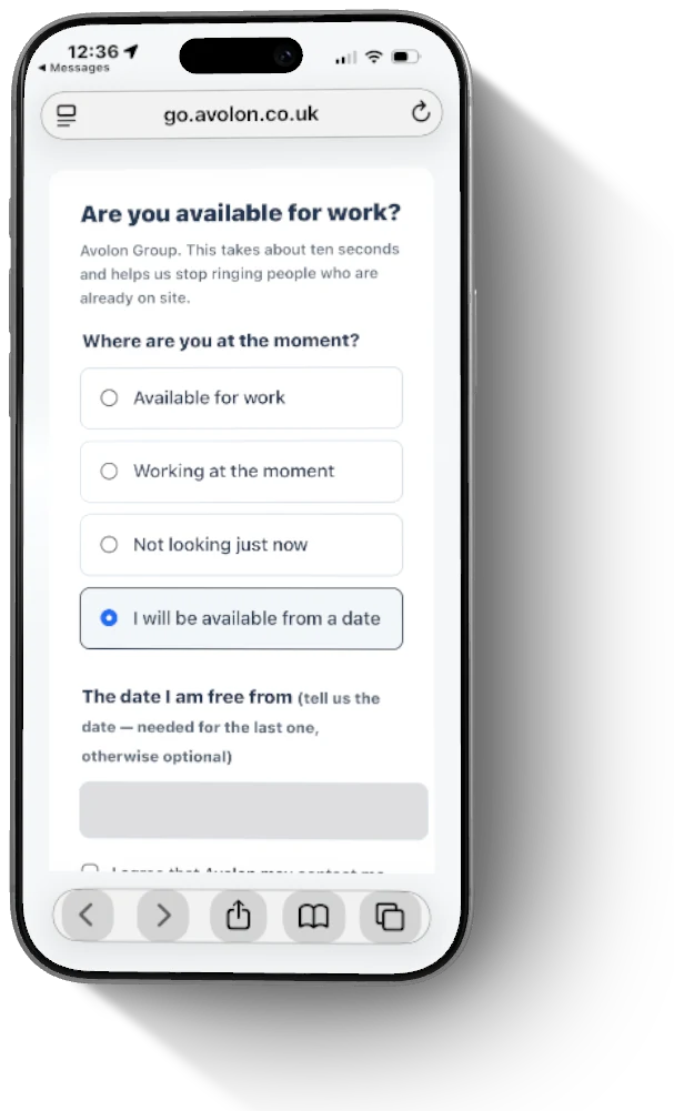 A phone showing the page a text link opens: Are you available for work? with four one-tap answers and a date field.