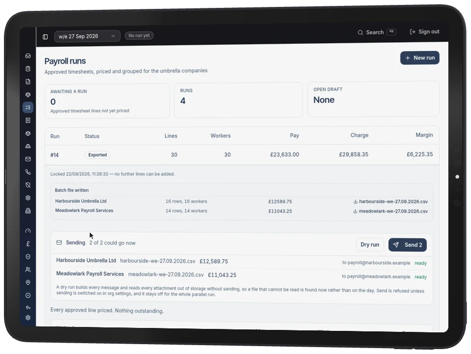 Payroll run 14 on a tablet after export, with batch files written for two umbrella companies and both ready to send to their payroll inboxes.